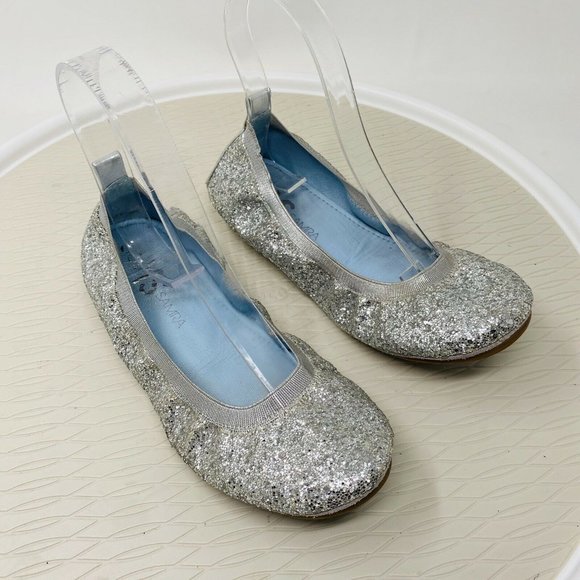 Yosi Samra Ballet Flats 6 Silver Glitter Bridal Serena Foldable Travel Shoes